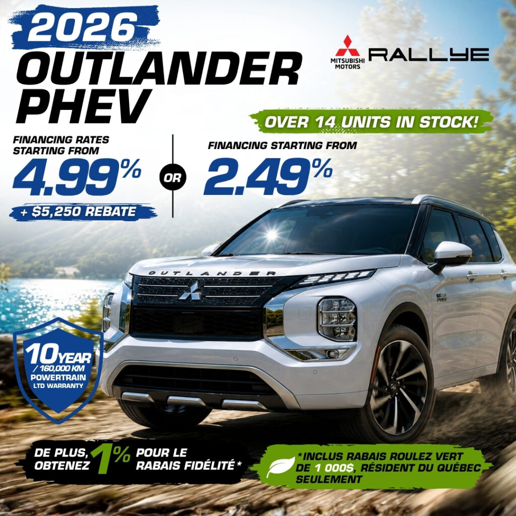 2026 Mitsubishi Outlander PHEV. Promotional offers including up to $5,250 in savings, financing from 2.49%, over 14 units in stock, and a 10-year/160,000 km powertrain warranty at Rallye Mitsubishi.